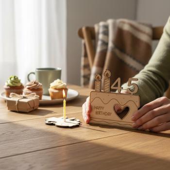 Gutscheingeschenkkartenhalter aus graviertem Holz mit eingesteckten Geburtstagszahlen und Platz für eine Gutscheinkarte.